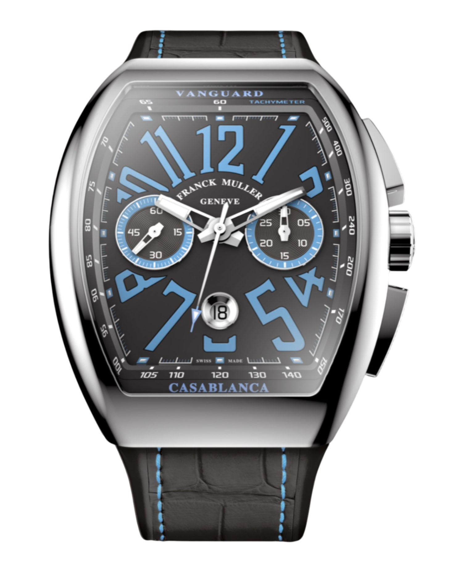 Franck Muller Vanguard Casablanca 41mm, black and blue dial, black leather strap